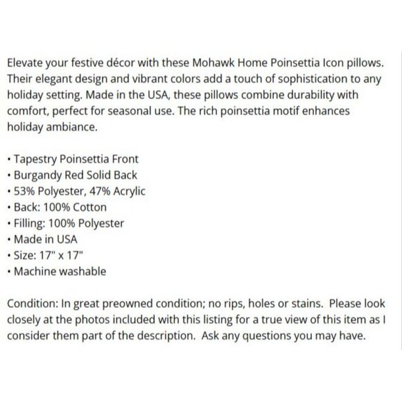 Mohawk Home Poinsettia Icon Holiday Decorative Pillow Set 17"x17" Tapestry USA - Picture 12 of 12